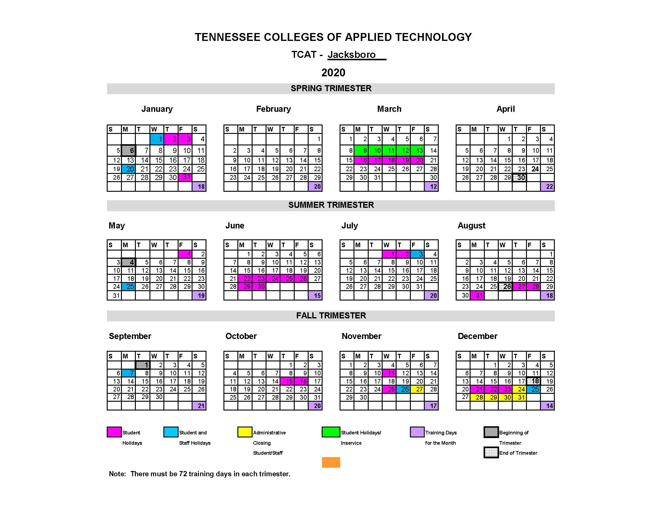 Academic Calendar TCAT Jacksboro